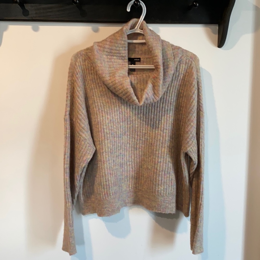 Aqua rainbow stitch cropped cowl neck sweater